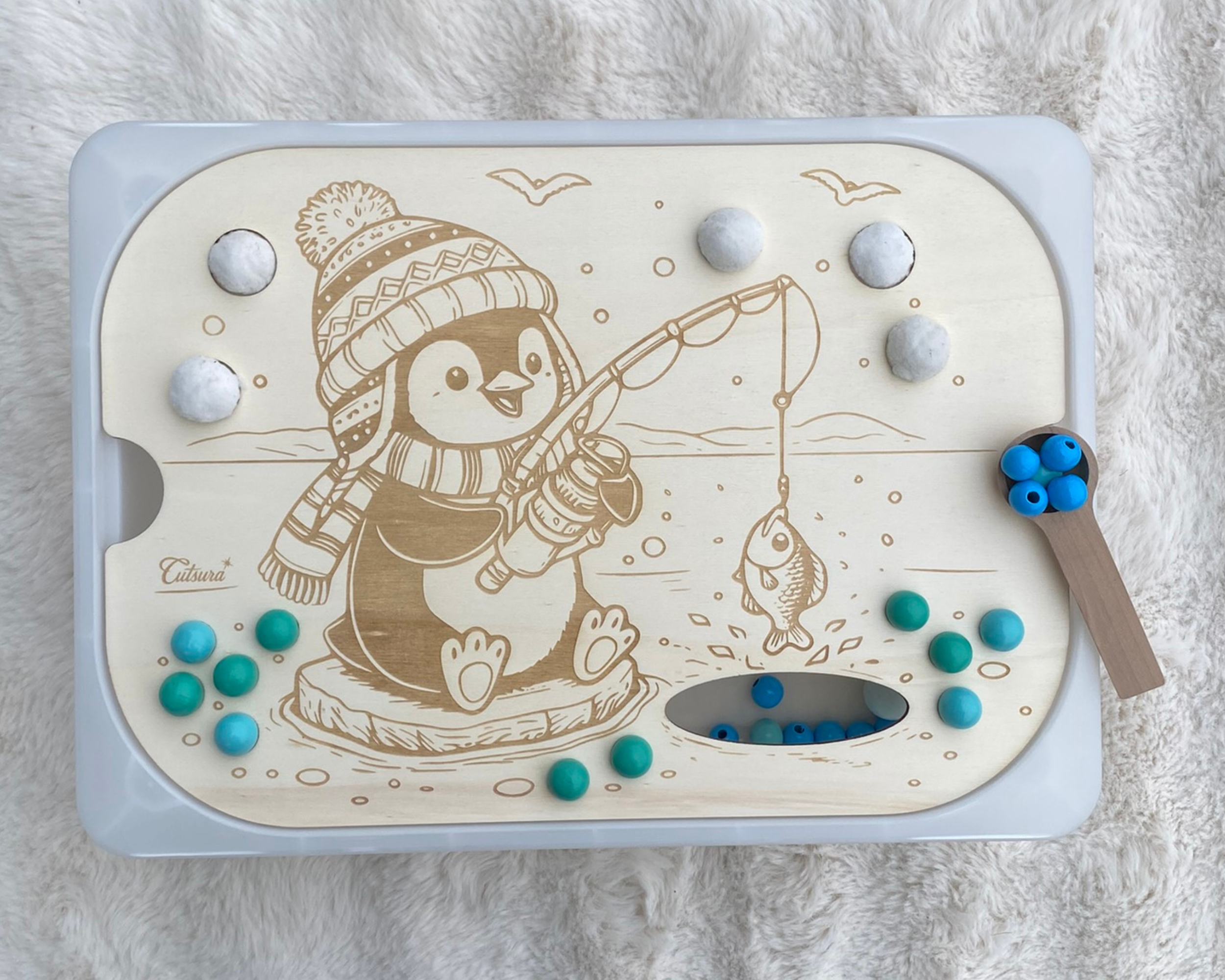 Sensomotorik-Platte Pinguin beim Angeln für Trofast-Boxen (quer 40x28)